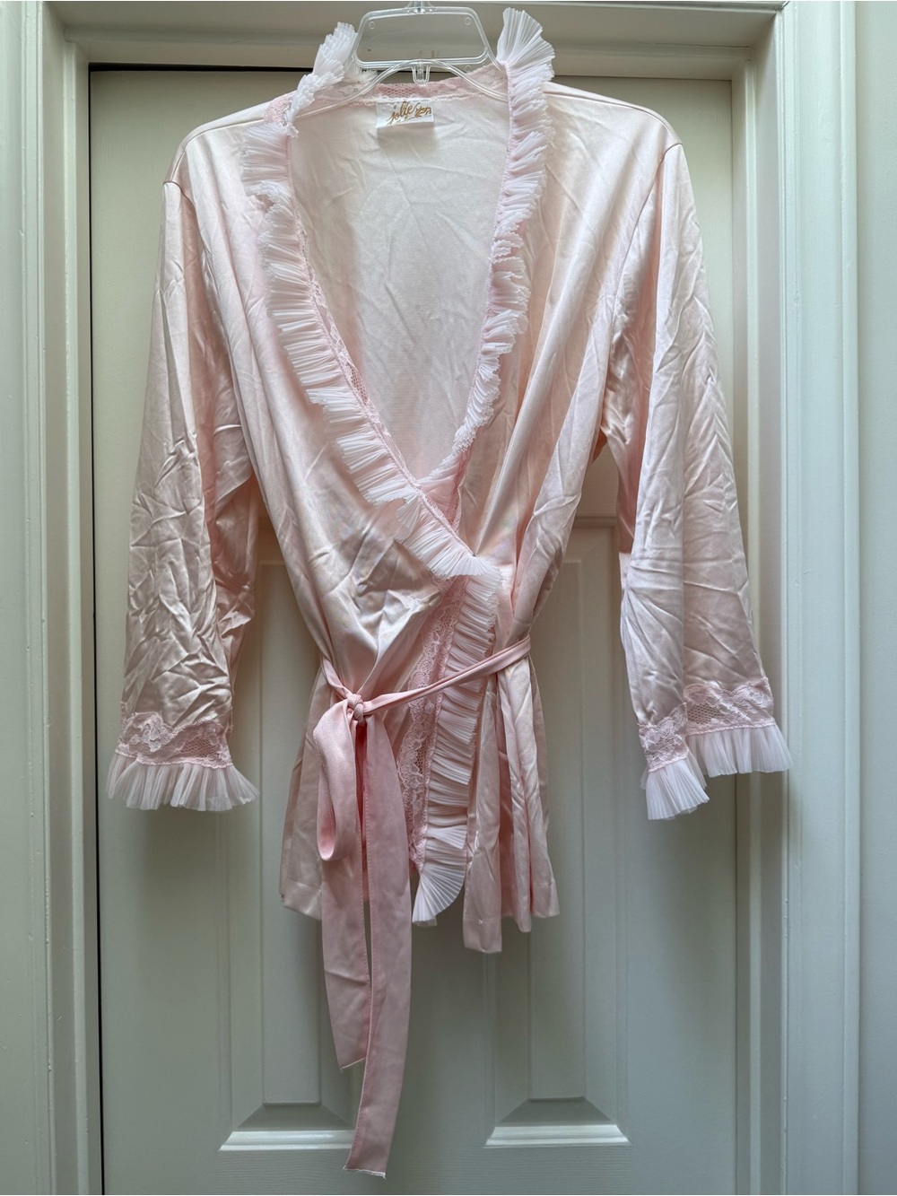 Vintage Jolie Two Pink Satin Robe Women’s L Ruffle Lace Bridal Cottagecore